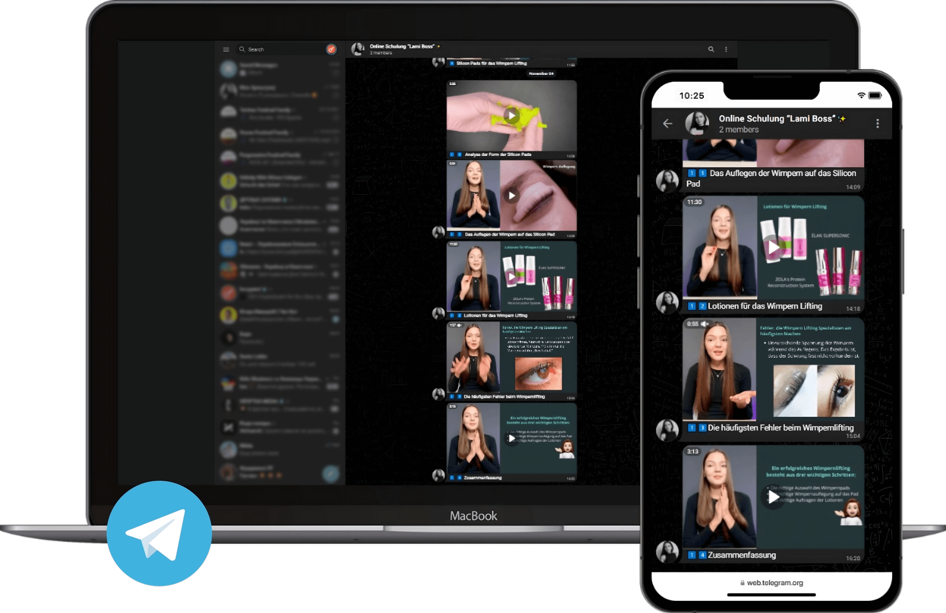 Laptop and phone with opened Telegram course chat on the screen.